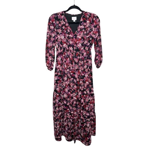 ISABEL MATERNITY / pink black dark floral ruffle tiered long sleeve maxi dress/S - Picture 1 of 9